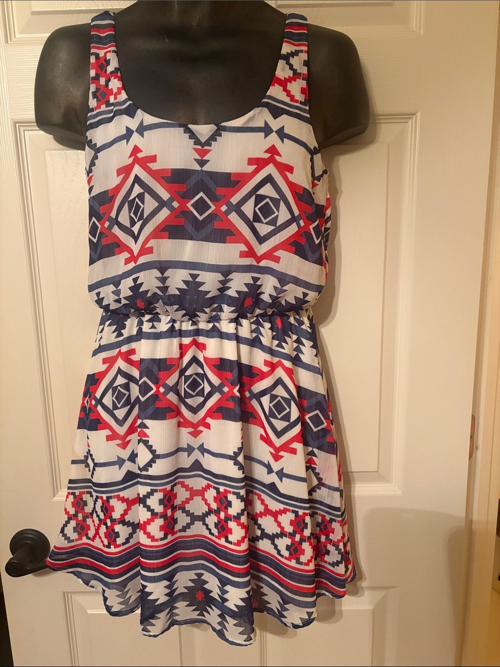 Xhilleration Sleeveless Tribal Print Sundress in Red, Navy & White size medium